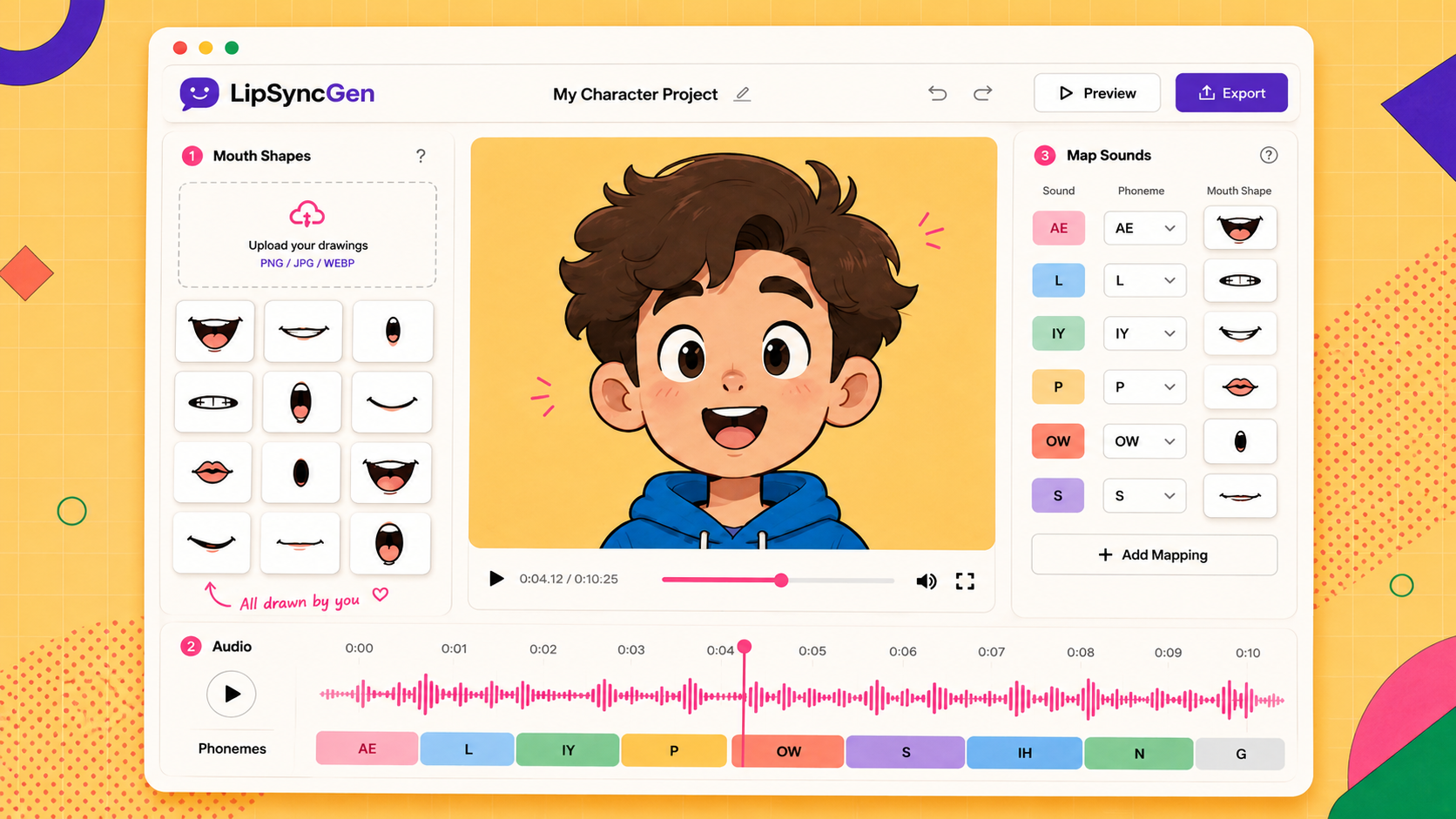 LipSyncGen interface showing mouth shapes, audio timeline, mapping, preview, and export controls